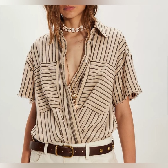Free People We The Free Christopher Linen Shirt. NWT. Ivory combo - Picture 4 of 4